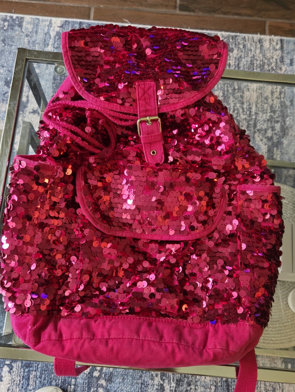 PS from Aéropostale Y2K Hot Pink Sequin Drawstring Flap Mini Backpack Bag - Picture 2 of 12